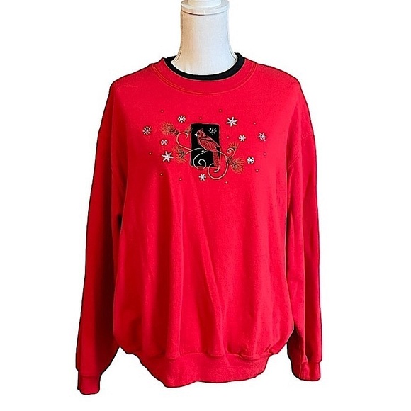 Cardinal Sweatshirt VTG Red Bird  embroidered Nostalgic Holiday Red black  2X - Picture 1 of 9